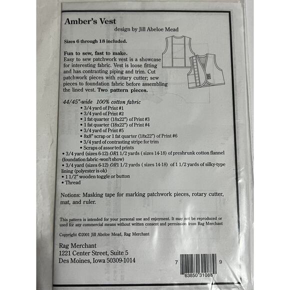 New Rag Merchant-AMBER VEST Pattern Sizes 6-16 Included - Picture 3 of 3